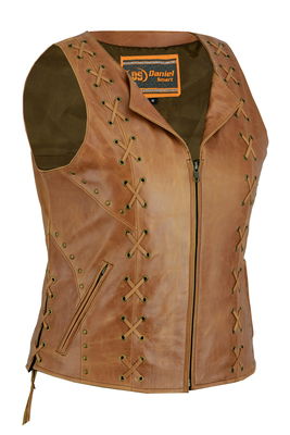 DS236 Womens Brown Zippered Vest with Lacing Details