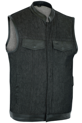 DM962 Mens Rough Rub-Off Raw Finish Denim Vest W/Leather Trim - Scoop Collar