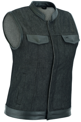 DM963 Womens Rough Rub-Off Raw Finish Denim Vest W/Leather Trim