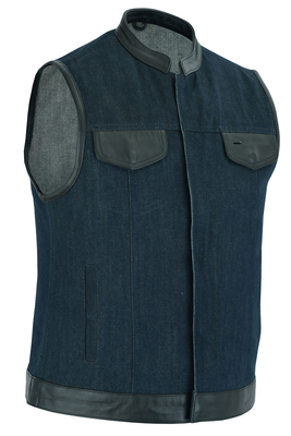 DM964 Womens Broken Blue Rough Rub-Off Raw Finish Denim Vest W/Leather Trim