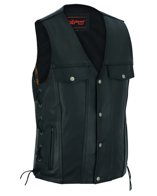 DS124 Mens Black Leather Vest with Side Laces and Gun Pockets