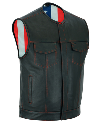 DS155 Mens Leather Vest with Red Stitching and USA Inside Flag Lining