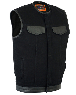 DM991 Men's Black Denim Single Panel Concealment Vest W/Leather Trim- w/o Collar